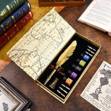 Golden Feather Quill Pens Set Dip Fountain Pens Ink Stationery Writing Gift Box Sets