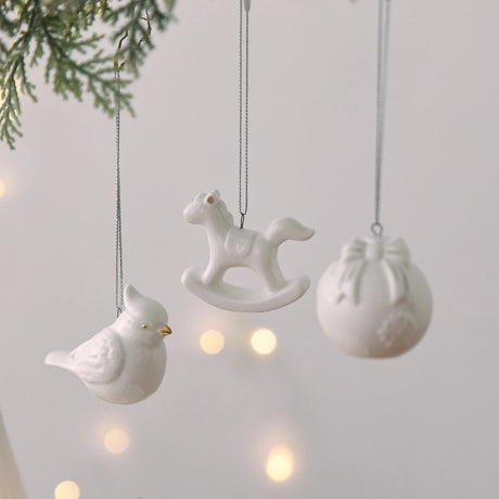 White Ceramic Christmas Tree Ornaments Snowman Reindeer Xmas Hanging Decor