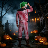 Men's Striped Clown Costume Vintage Circus Joker Cosplay Suits Long Sleeve Tops and Pants Set Halloween Carnivals Outfits
