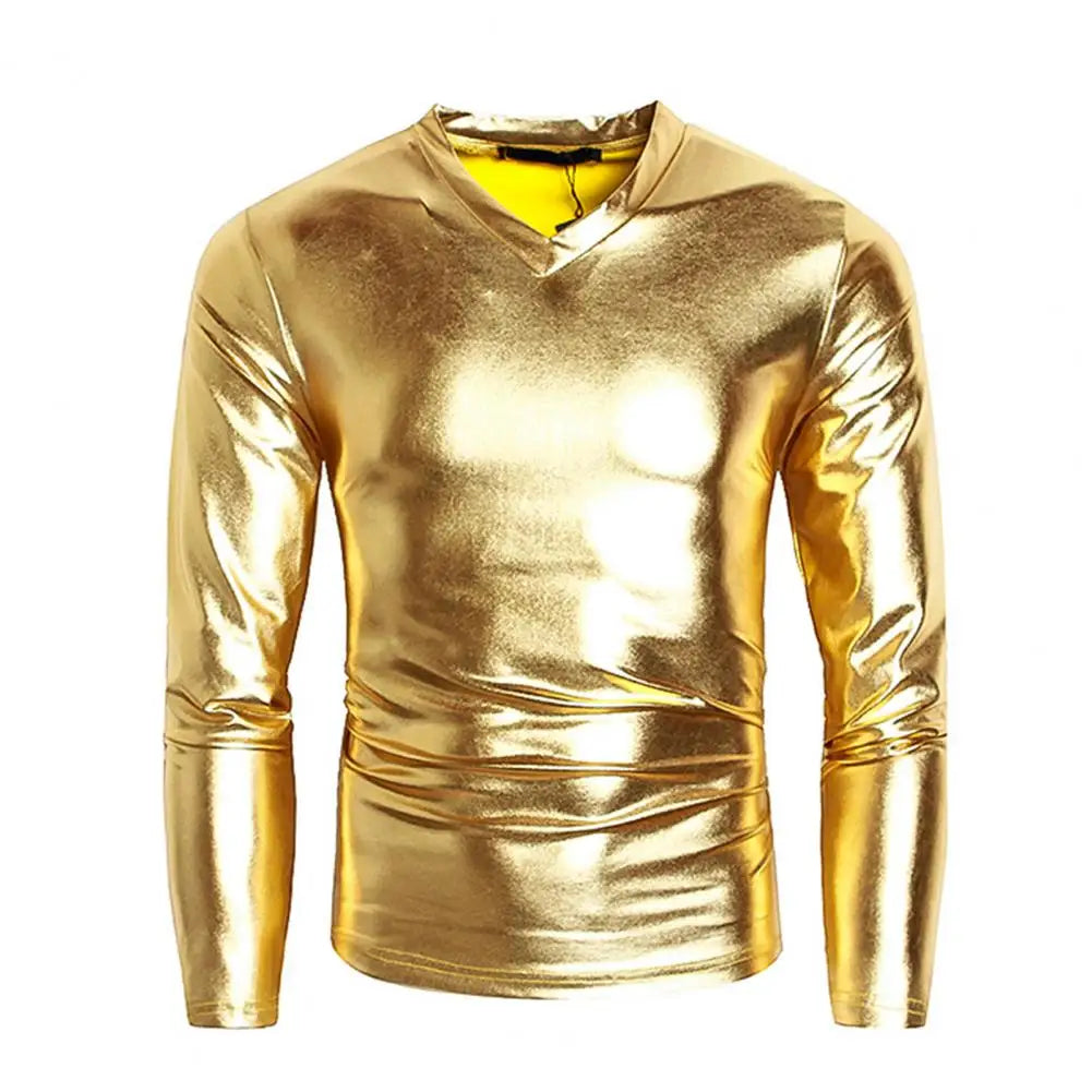 Men T-shirt Glossy Solid Long Sleeve Tops Nightclub Party Performance Wear