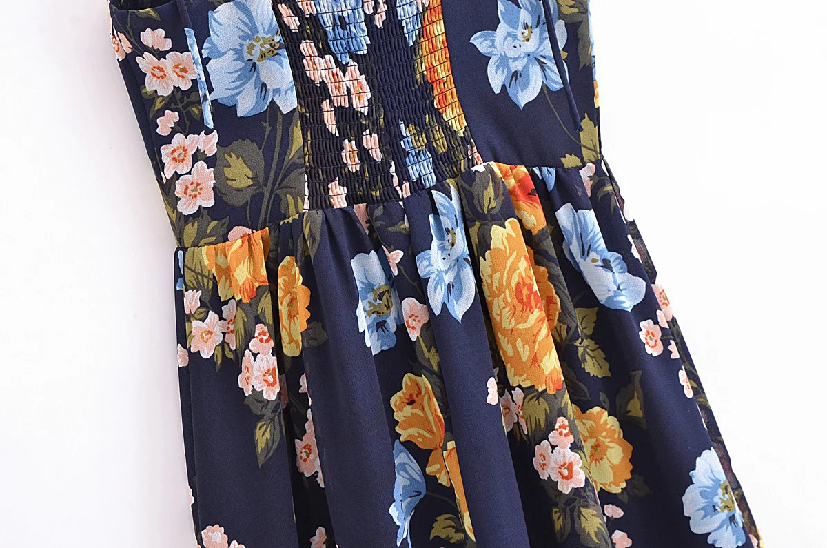 Sharona's Navy Blue Floral Print Spaghetti Strap Dress