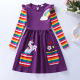 Girls' Long Sleeve Unicorn Dress Two Pockets Rainbow Sleeves