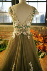 A Woodland Gala Lace Floral Green Tulle Evening Dresses Sleeveless Formal Gown
