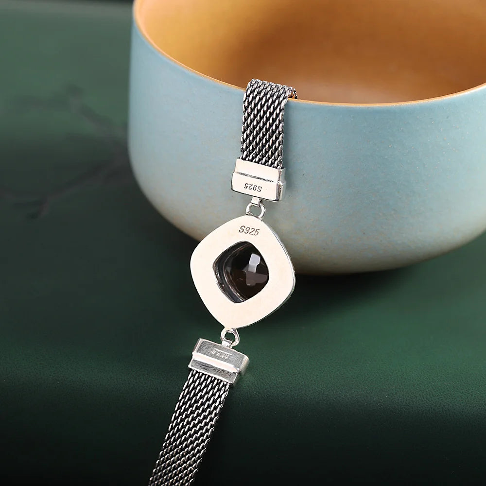 The Gate Keeper's S925 Sterling Silver Bracelet Amethyst Smoky Quartz Flat Woven-chain Jewellery