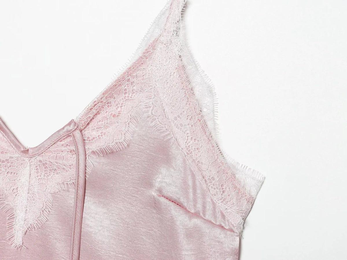 Y2k Asymmetrical Spliced Lace Satin Slip Long Camisole Top Layering Dress Side Slit Hem