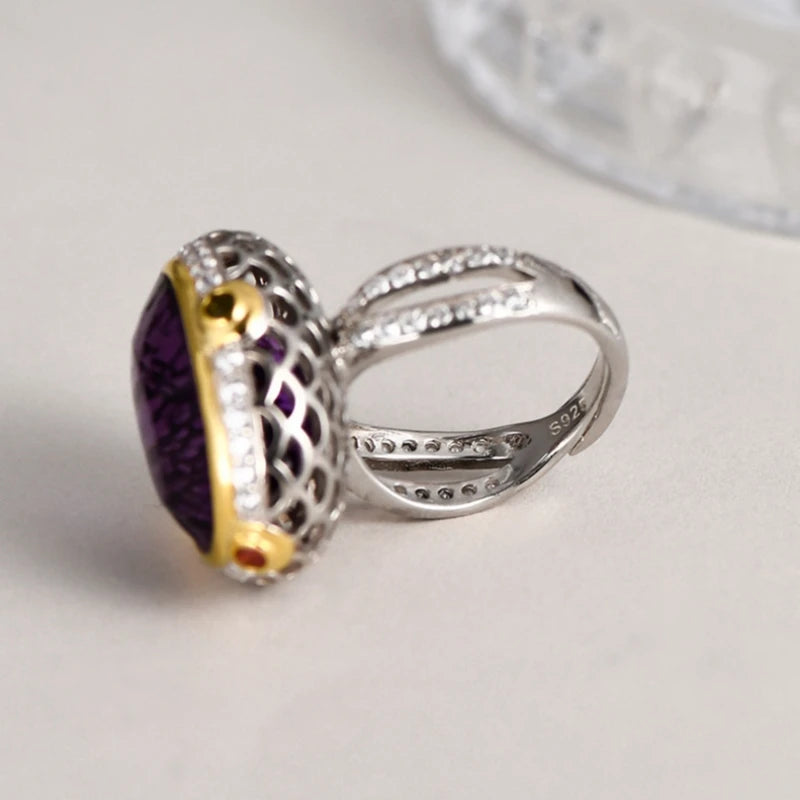 Lady of the Depths S925 Sterling Silver Ring Natural Amethyst Occidental Topaz Zircon