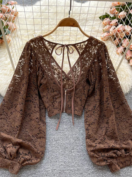 Lace Crop Top Black/White/Brown Long Lantern Sleeve