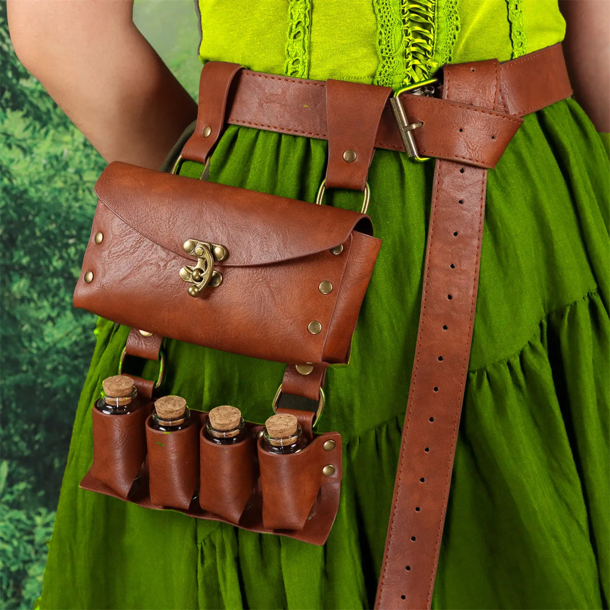 Renaissance Alchemist Leather Belt Medieval Wizard Alchemy Glass Magic Bottle Waist Bag Cosplay Belt