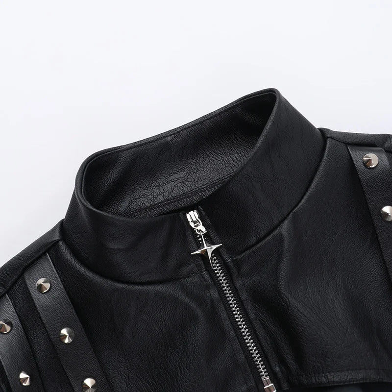Women's Punk Crop Jacket PU Leather Cosplay Jacket Rivet Strap Gothic Streetwear Top