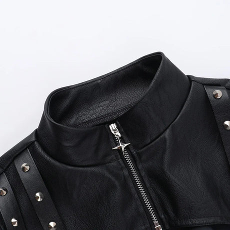 Women's Punk Crop Jacket PU Leather Cosplay Jacket Rivet Strap Gothic Streetwear Top