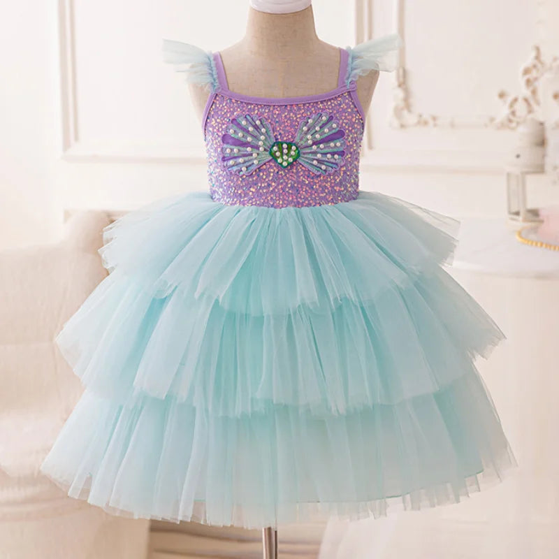 Girl's Shell Pearl Sequin Tulle Mermaid Cake Layer Party Dress