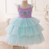 Girl's Shell Pearl Sequin Tulle Mermaid Cake Layer Party Dress