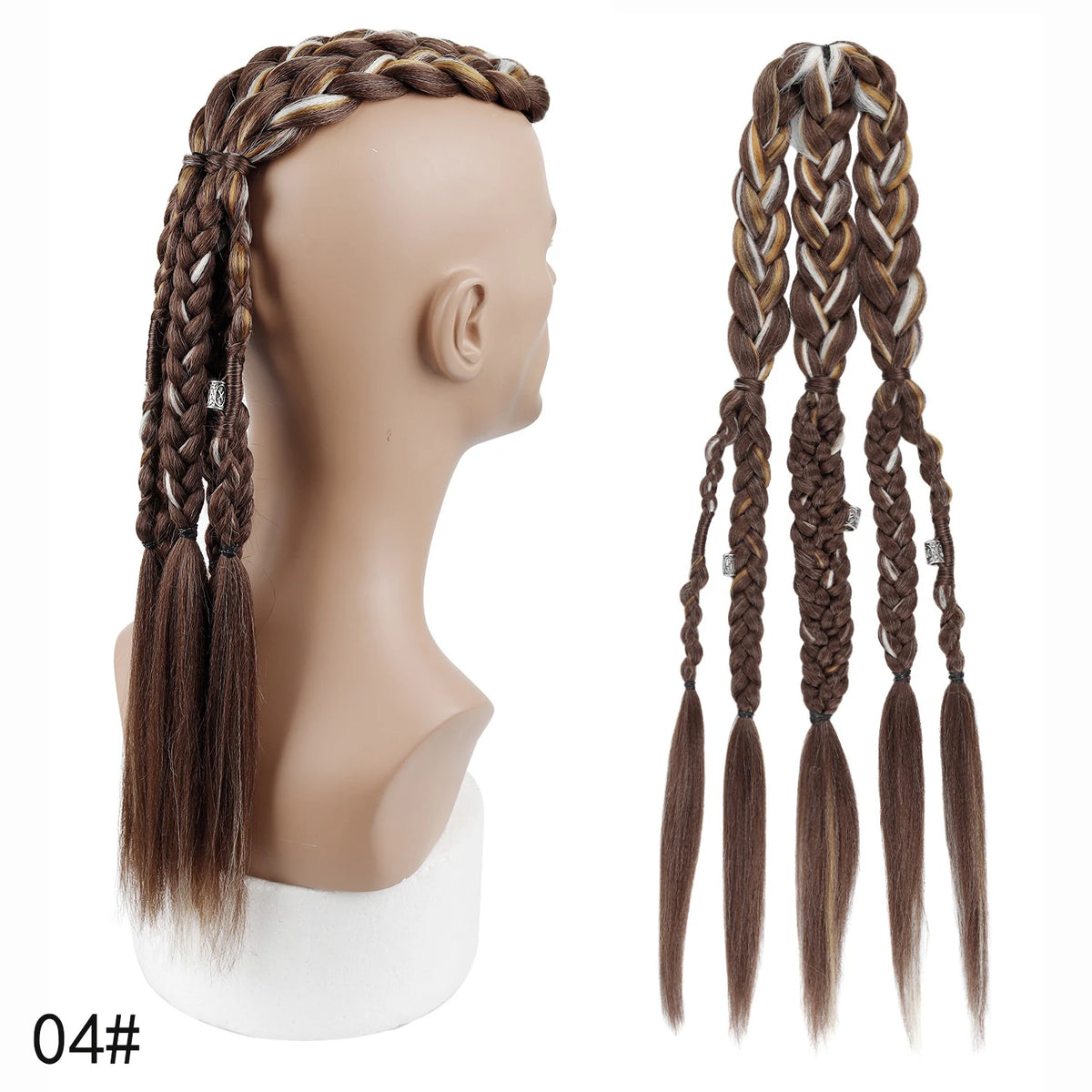 Viking Mohawk Cornrow Braided Mullet Wig Synthetic Thick 5 Braids with Metal Rings for Cosplay