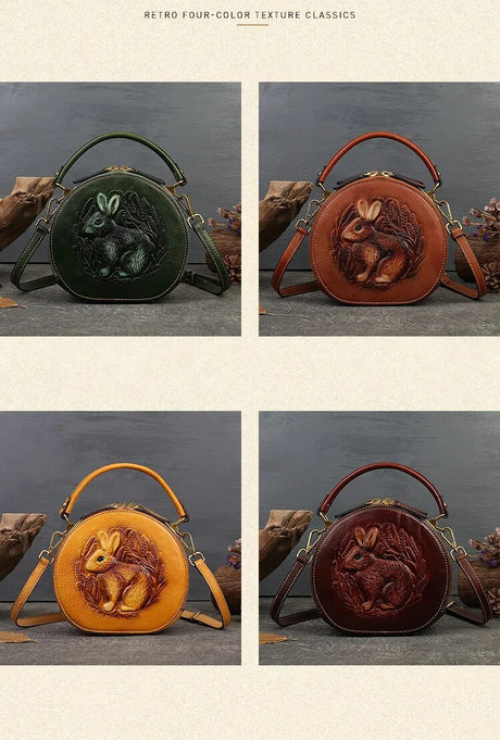 Embossed Rabbit Handbag Genuine Leather