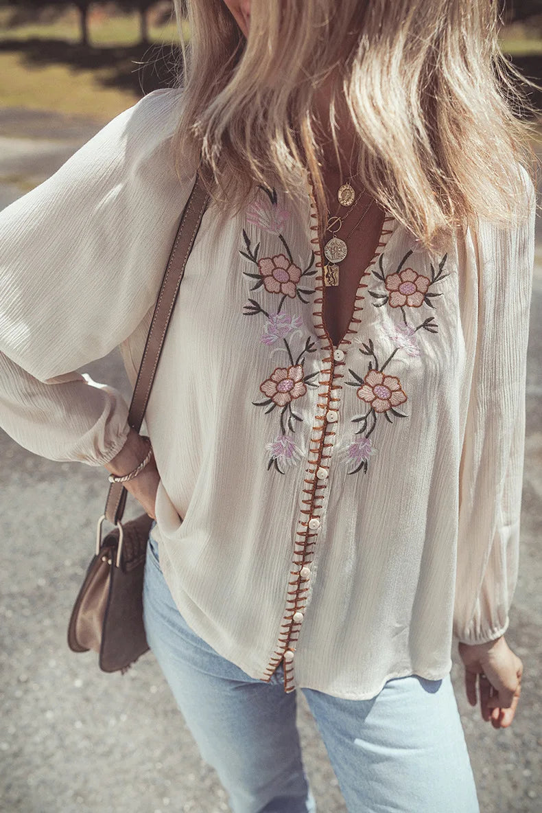 Gracie's Boho Blouses Floral Embroidery Button Down White Long-sleeved Shirt