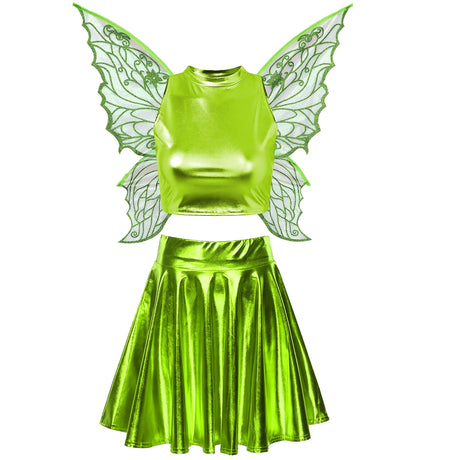 Festival Fairy Cosplay Costume Sleeveless Crop Top, High Waist Flared Skirt And Butterfly Wings Set