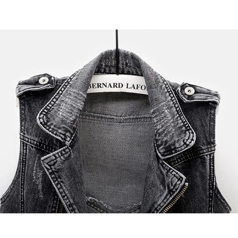 Black Denim Sleeveless Jacket Grunge Ripped Vest