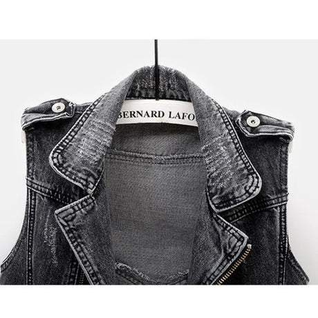Black Denim Sleeveless Jacket Grunge Ripped Vest