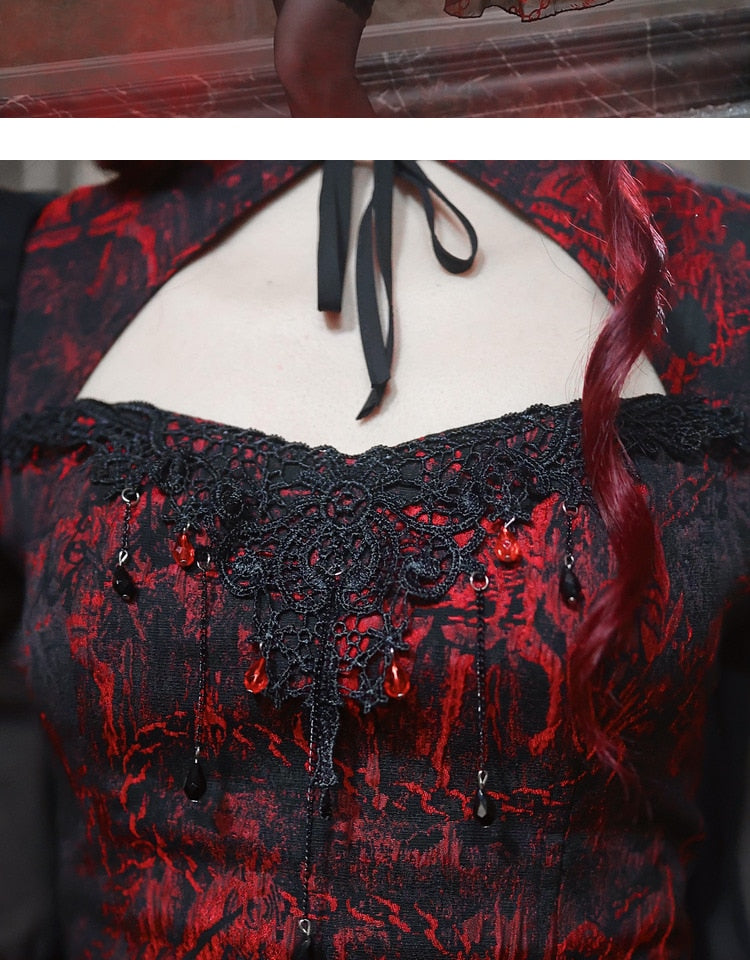 Red Gothic Embossed Jacquard Lace Top & Skirt