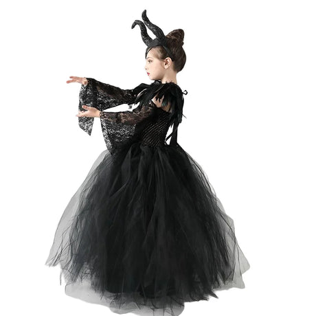Girls Maleficent Black Tutu Halloween Costume with Feather Shawl
