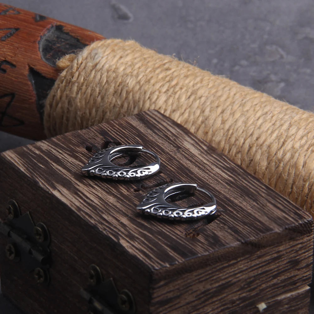 Viking V Tendrils Stainless Steel Huggie Hoop Earrings for Men with Wooden Box