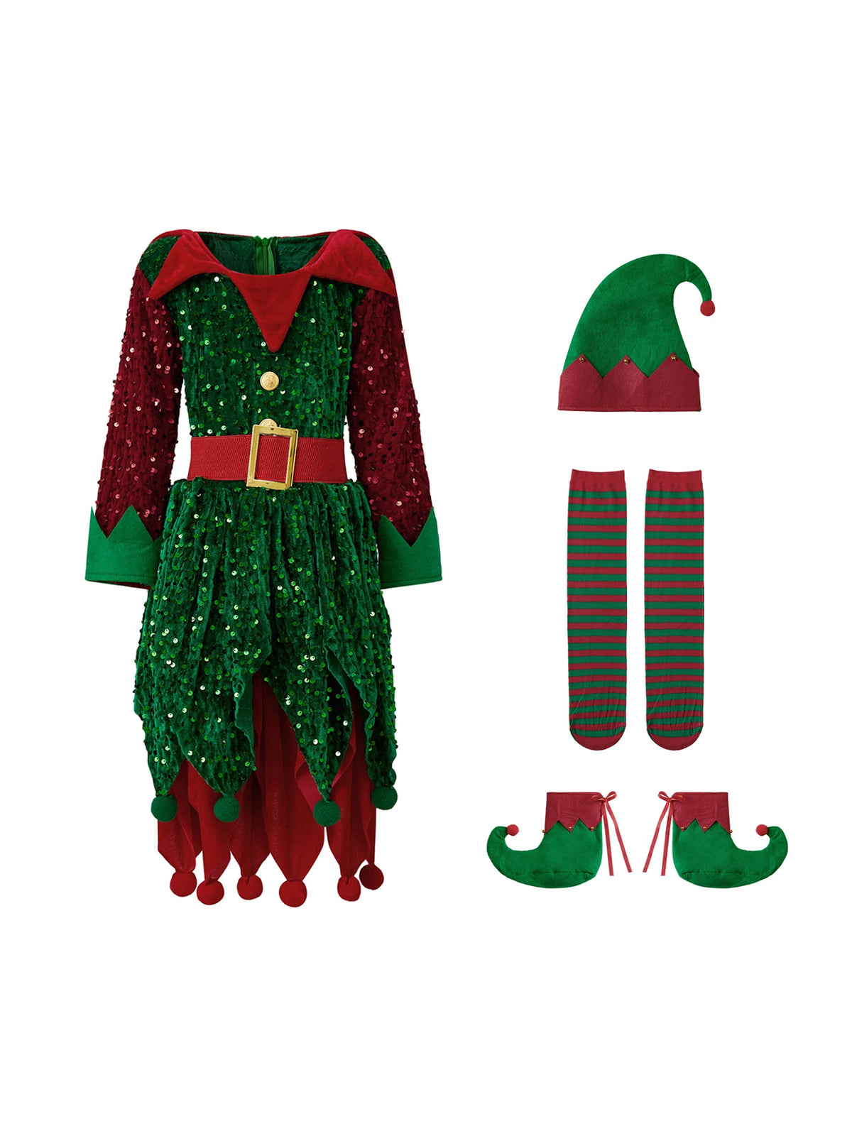 4 Pcs Kids Christmas Costumes Girls Santa's Elf Costume Sequinned Elf Dress Shoes Stockings and Hat