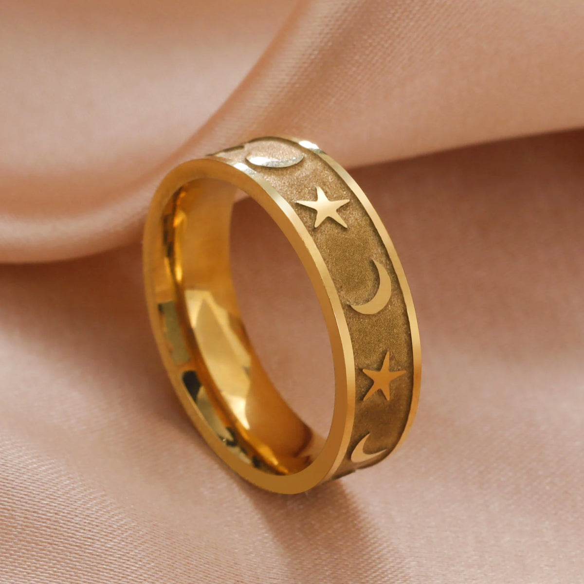 Boho Moon Star Ring Matte Gold Colour Stainless Steel Band Rings