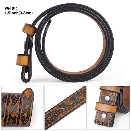 Genuine Leather Vintage Belt No Buckle Embossed Cowhide Strap Western Cowboy Belts
