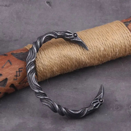 Stainless Steel Nordic Viking Norse Raven Cuff Bangle Mens Gift with Wooden Box
