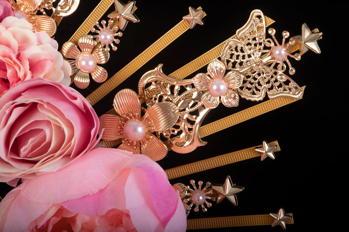 Pink Rose Pearls Sun Crown Headpiece Gothic Goddess Halo Headband