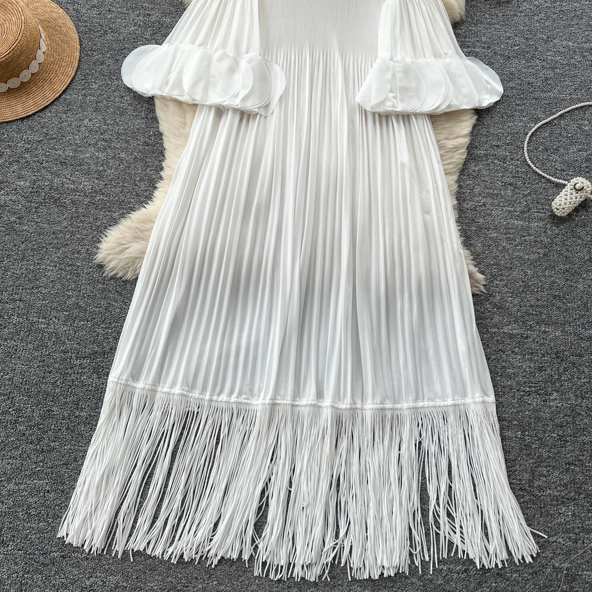 Petal Sleeves Pleated Tassel Dress Eight Colours