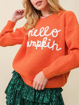 Hello Pumpkin Halloween Sweater Letter Embroidery Knit Fall Winter Pullover