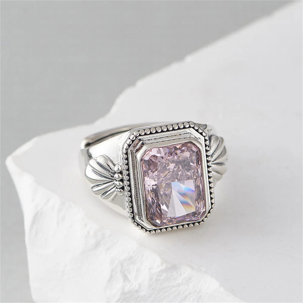 Maga's Portal Key S925 Sterling Silver Diamond Ring Square Natural Amethyst