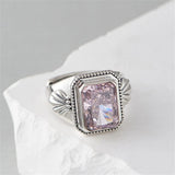 Maga's Portal Key S925 Sterling Silver Diamond Ring Square Natural Amethyst