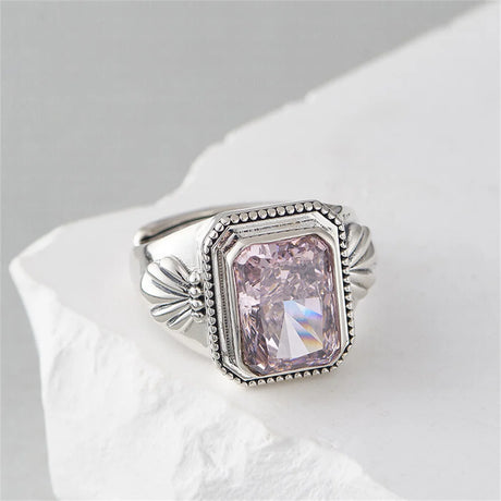 Maga's Portal Key S925 Sterling Silver Diamond Ring Square Natural Amethyst