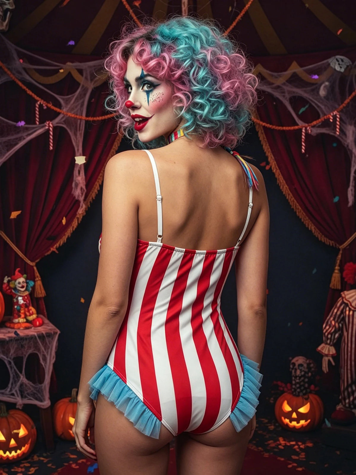 Vintage Circus Carnival Bodysuit Clown Stripes Playsuit Halloween Cosplay Costume