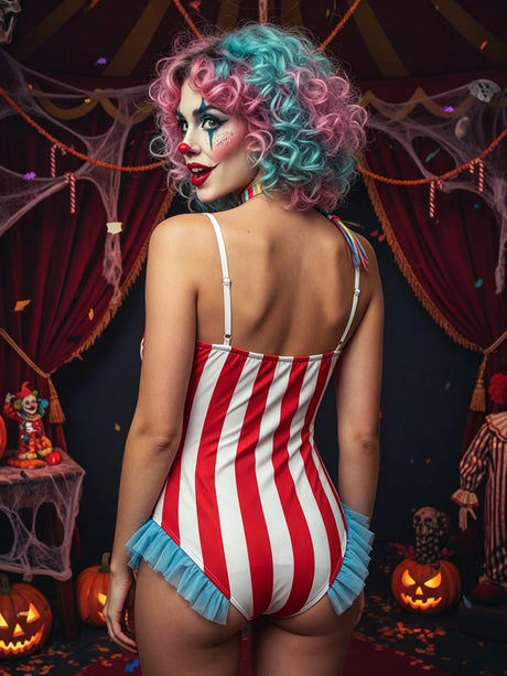 Vintage Circus Carnival Bodysuit Clown Stripes Playsuit Halloween Cosplay Costume