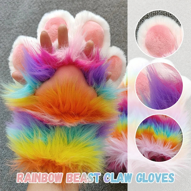 Rainbow Furry Cat Claw Gloves Plush Beast Paws Mittens Halloween Party Cosplay Costumes