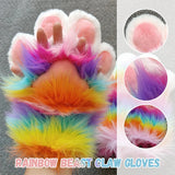 Rainbow Furry Cat Claw Gloves Plush Beast Paws Mittens Halloween Party Cosplay Costumes
