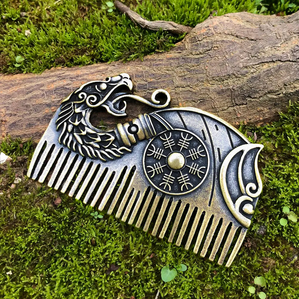 Viking Beard Comb Drakkar with Aegishjalmur Shield Viking Gift For Men