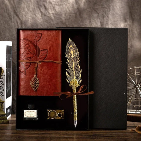 Golden Feather Quill Pens Set Dip Fountain Pens Ink Stationery Writing Gift Box Sets