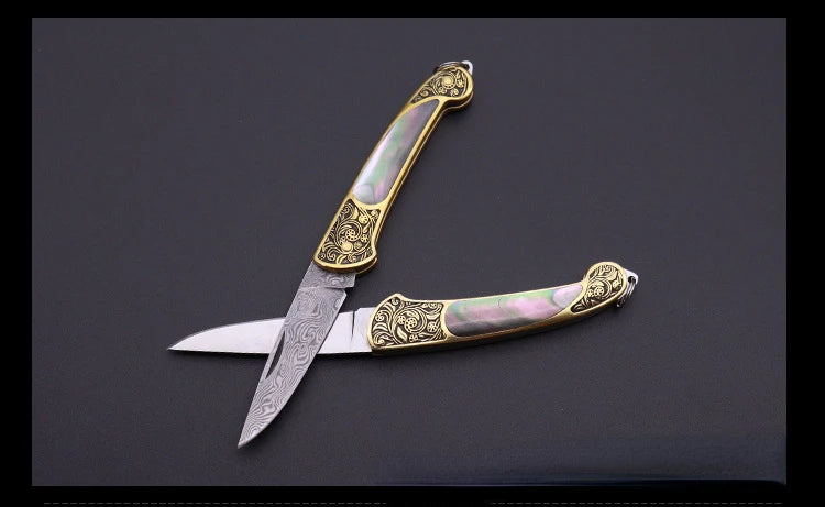 Principessa Pesca Handmade Shell Inlaid Folding Knife High Quality Sharp Brass Portable Keychain Mini Knife