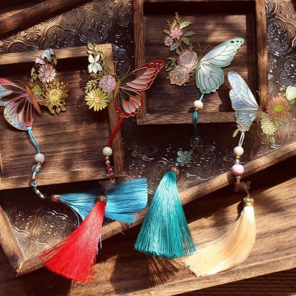Butterfly Flowers Metal Tassel Bookmarks