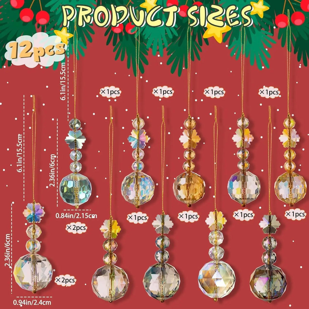 Set of Twelve K9 Crystal Prism Ball Christmas Tree  Ornaments