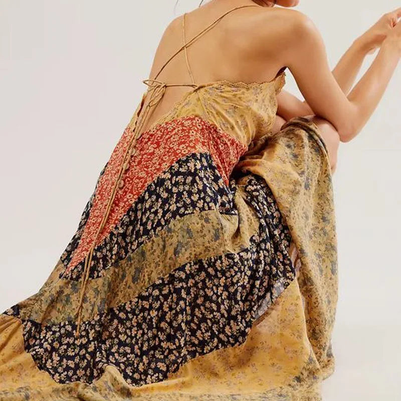 Estrella's Asymmetrical Patchwork Scarf Dress Backless Tie-Up Summer Dress