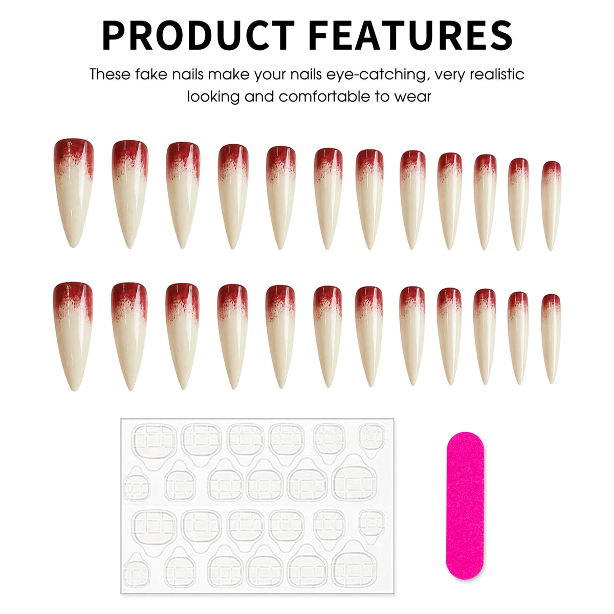 Halloween Blood Stained Bone Long Pointed Claw Press On Nails Acrylic 24pcs