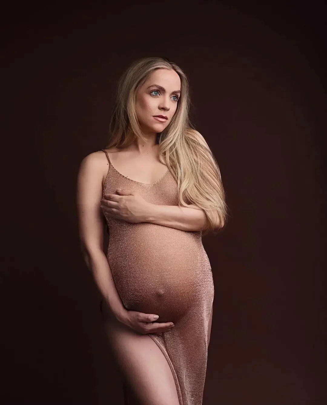 Golden Goddess Pregnancy Dress Knitted Maternity Photoshoot Outfit