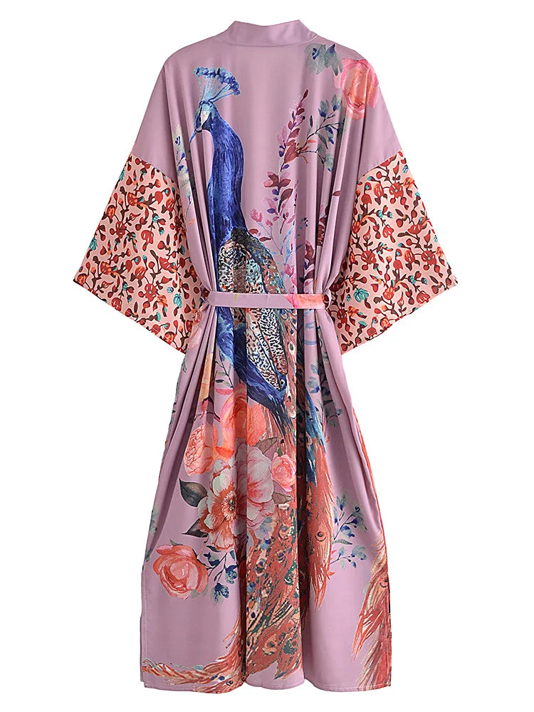 Peacock Floral Print Boho Kimono Cover-ups