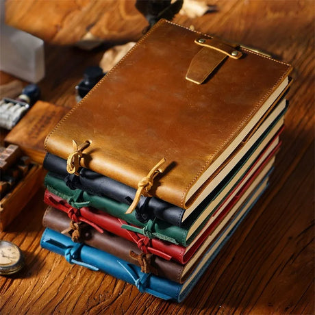 Stitched Genuine Leather Notebook 6 Colours Handmade Journal with Lock Blank Kraft Paper 200 Pages Sketchbook
