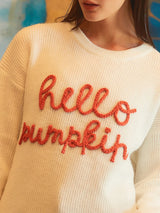 Hello Pumpkin Halloween Sweater Letter Embroidery Knit Fall Winter Pullover